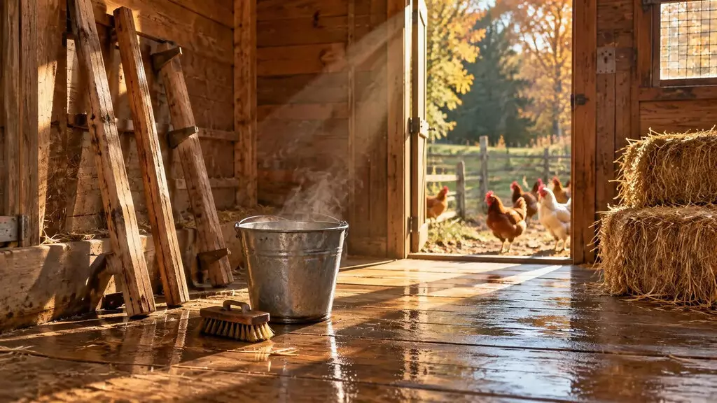 Poulailler en bois vidé pour un grand nettoyage, perchoirs démontés, brosse et seau d’eau chaude, paille propre prête à l’entrée