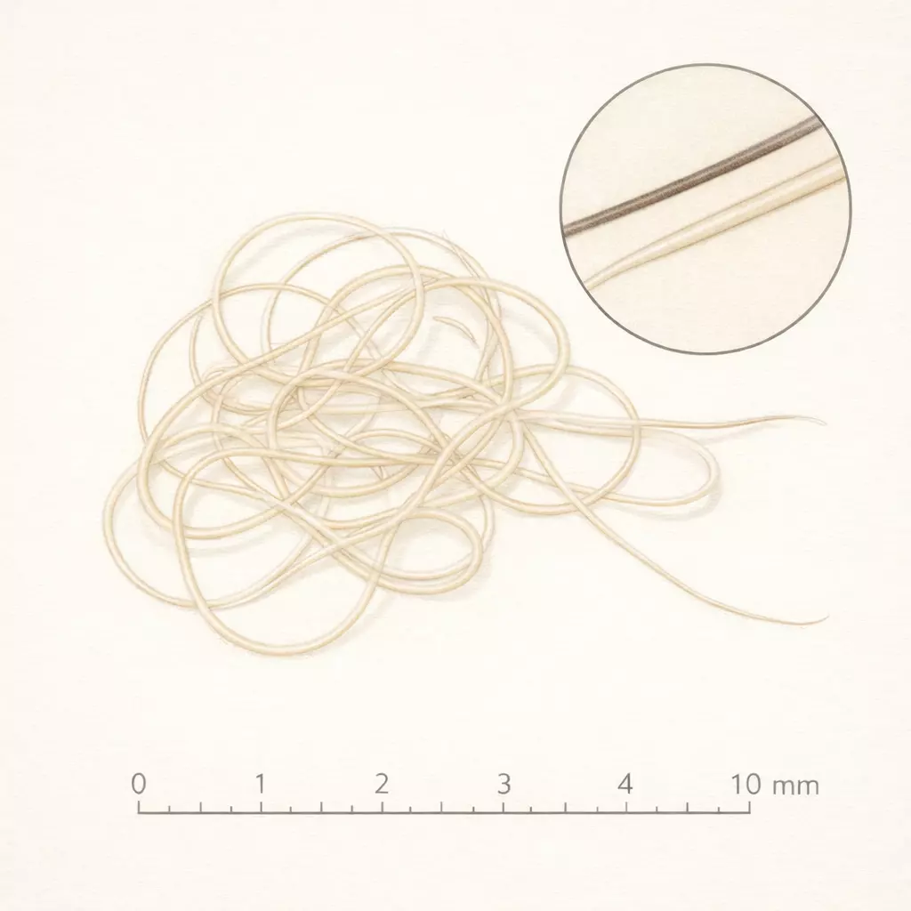 Illustration scientifique de vers Capillaria très fins et pâles enchevêtrés, avec zoom sur la finesse du corps et règle en millimètres