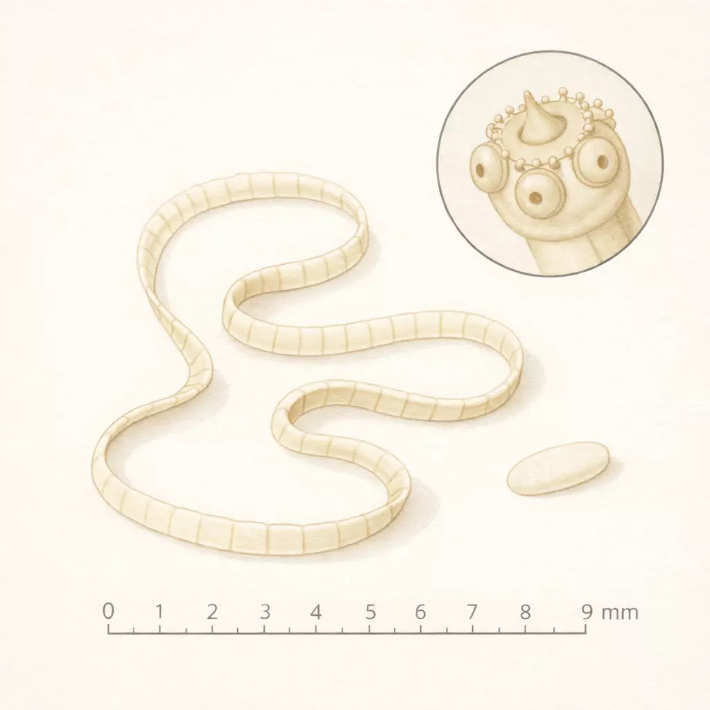 Illustration scientifique d'un ténia Raillietina blanc crème et segmenté, avec zoom sur le scolex et un proglottis en grain de riz