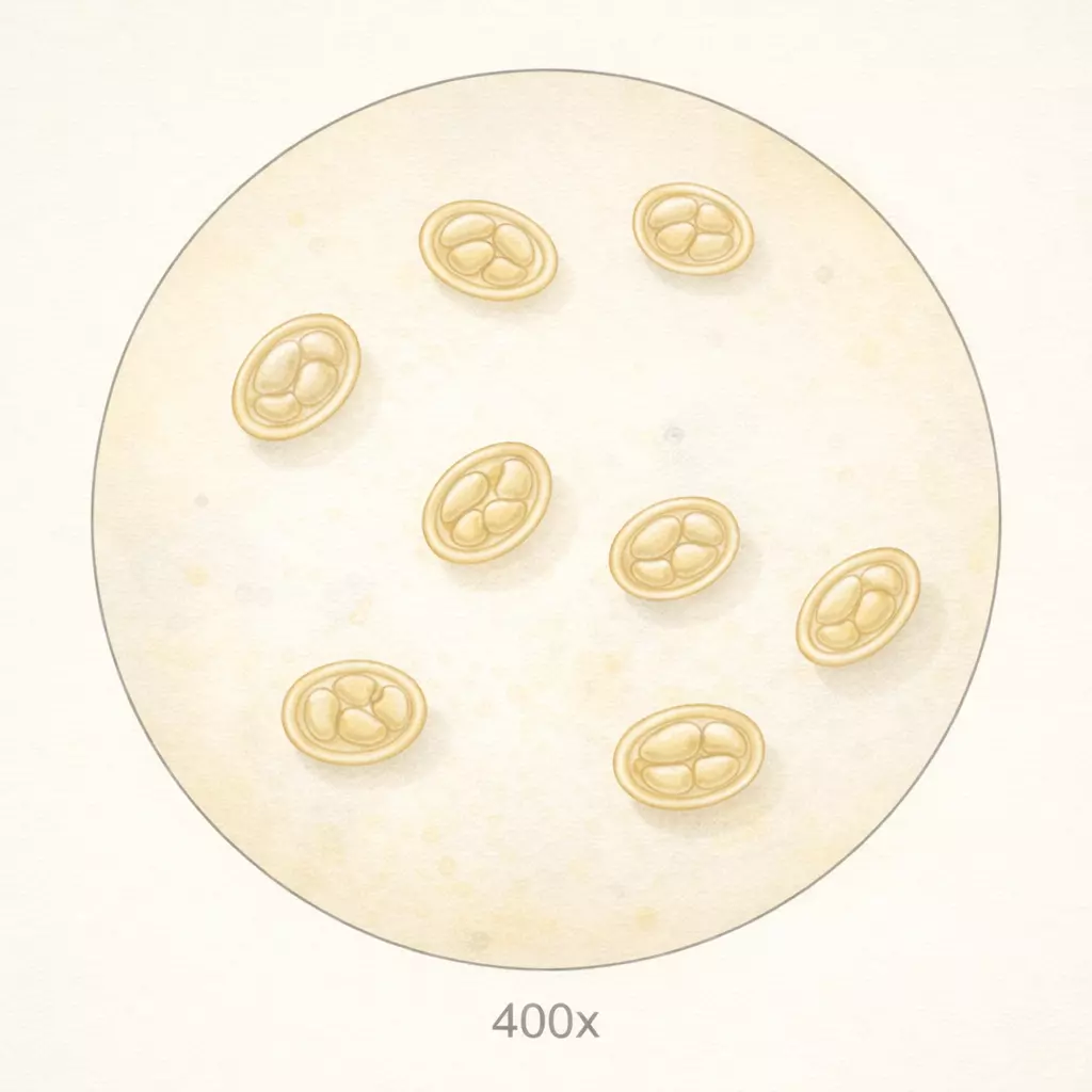 Oocystes d'Eimeria vus au microscope : petites structures ovales translucides avec paroi visible et sporocystes internes