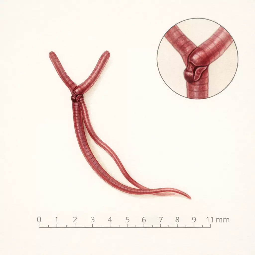 Illustration scientifique d'un couple de Syngamus trachea rouge bordeaux en forme de Y, avec détail agrandi de la jonction et règle graduée