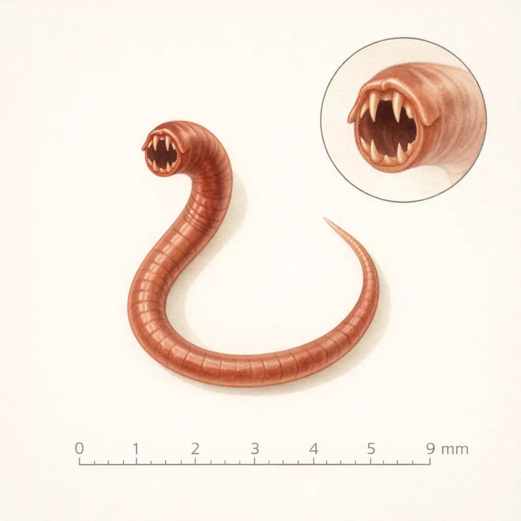 Illustration scientifique d'Ancylostoma caninum, petit ver brun-rouge recourbé en crochet, avec zoom sur la bouche dentée et règle en millimètres