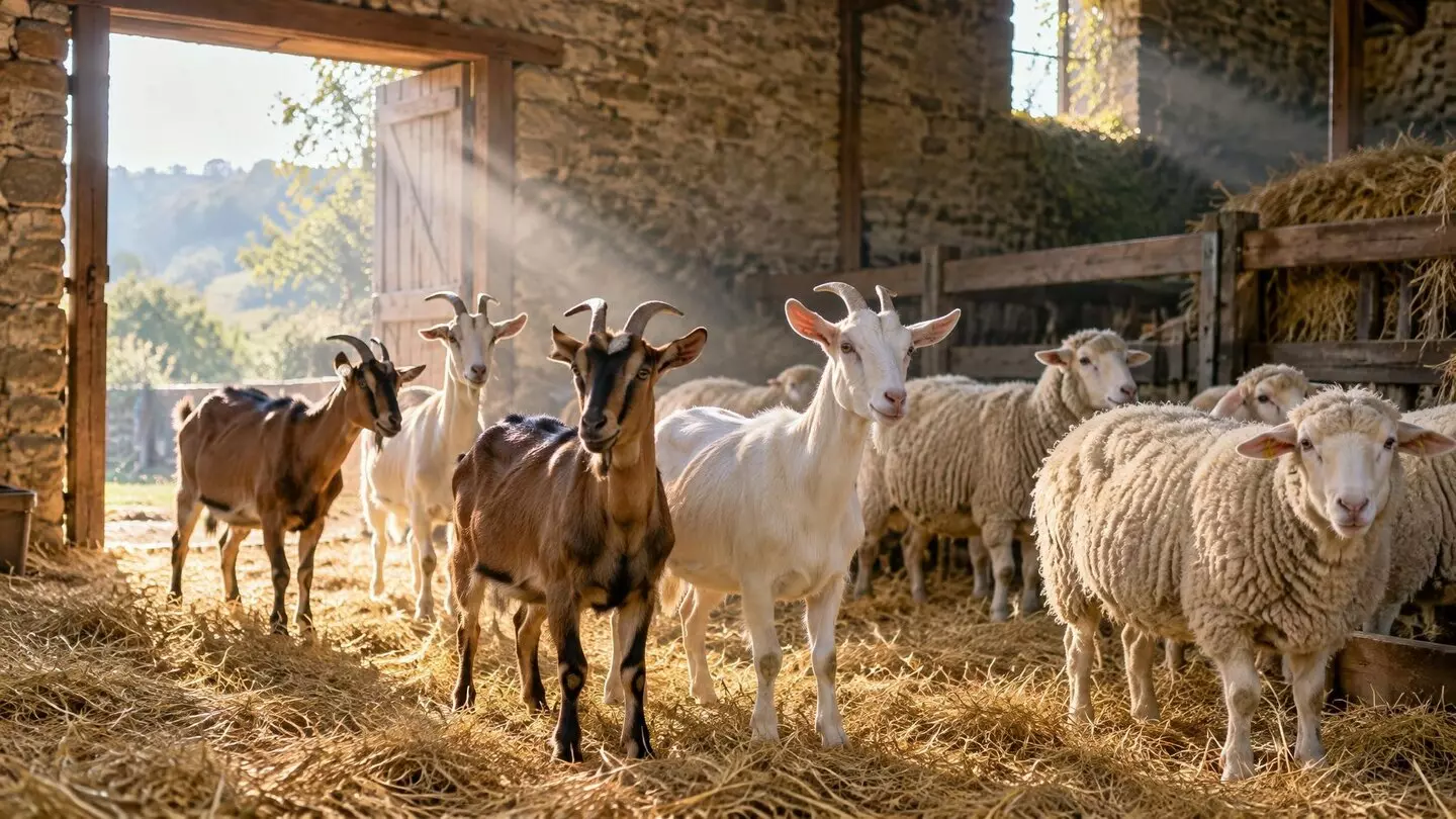 Troupeau de chèvres et de moutons en bonne santé dans une bergerie aérée et lumineuse