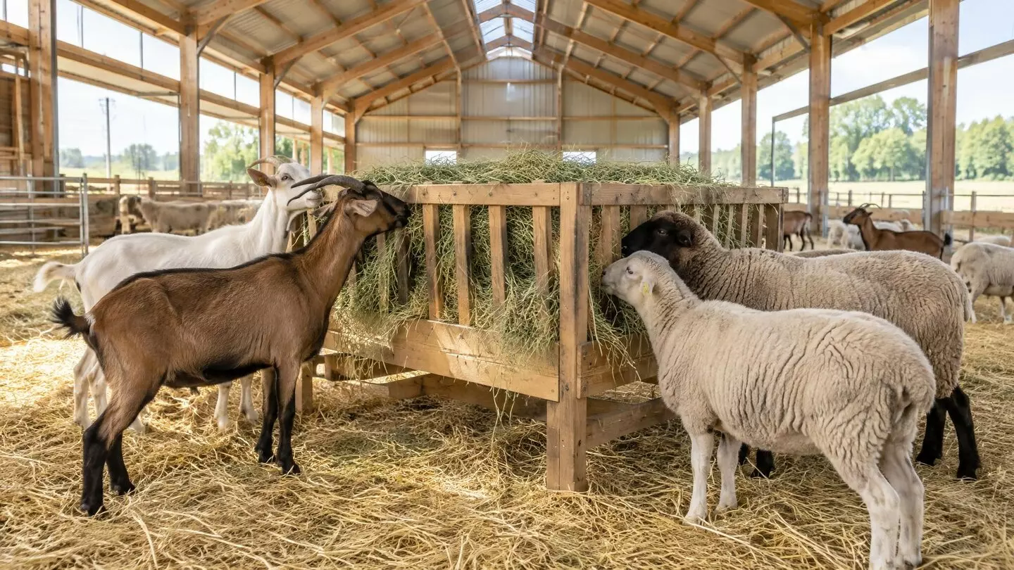 Chèvres et moutons mangeant du foin au râtelier dans une bergerie ventilée et propre, prévention des problèmes respiratoires