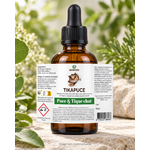 Flacon Tikapuce chat Diatosphère 50 ml en verre ambré dans un décor végétal naturel, étiquette visible, image non contractuelle