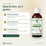 Capi Dia mode d’emploi : 1 ml dans le bec avec la seringue doseuse fournie, puis un massage doux