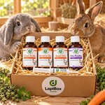 LapiBox Diatosphère, coffret ouvert avec ses 5 produits pour lapins