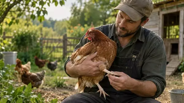 Éleveur qui examine une poule