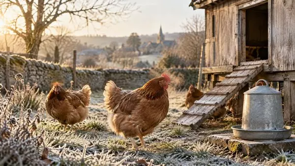 Poules dans une cour givrée en hiver