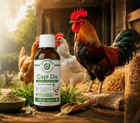 Un coq et des poules dans une grange, près d’un flacon Capi Dia