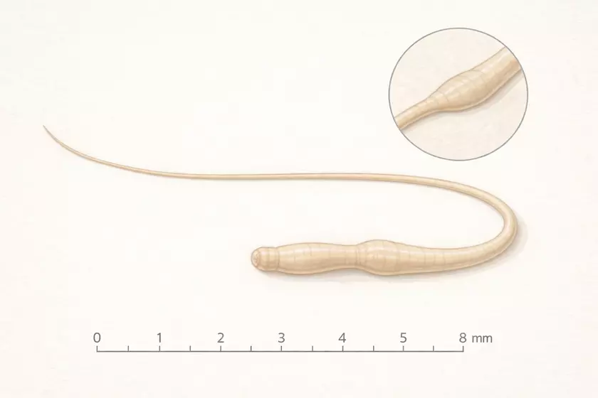 Illustration scientifique de Trichuris vulpis, ver en forme de fouet à partie avant très fine, avec zoom sur la zone de transition et règle graduée
