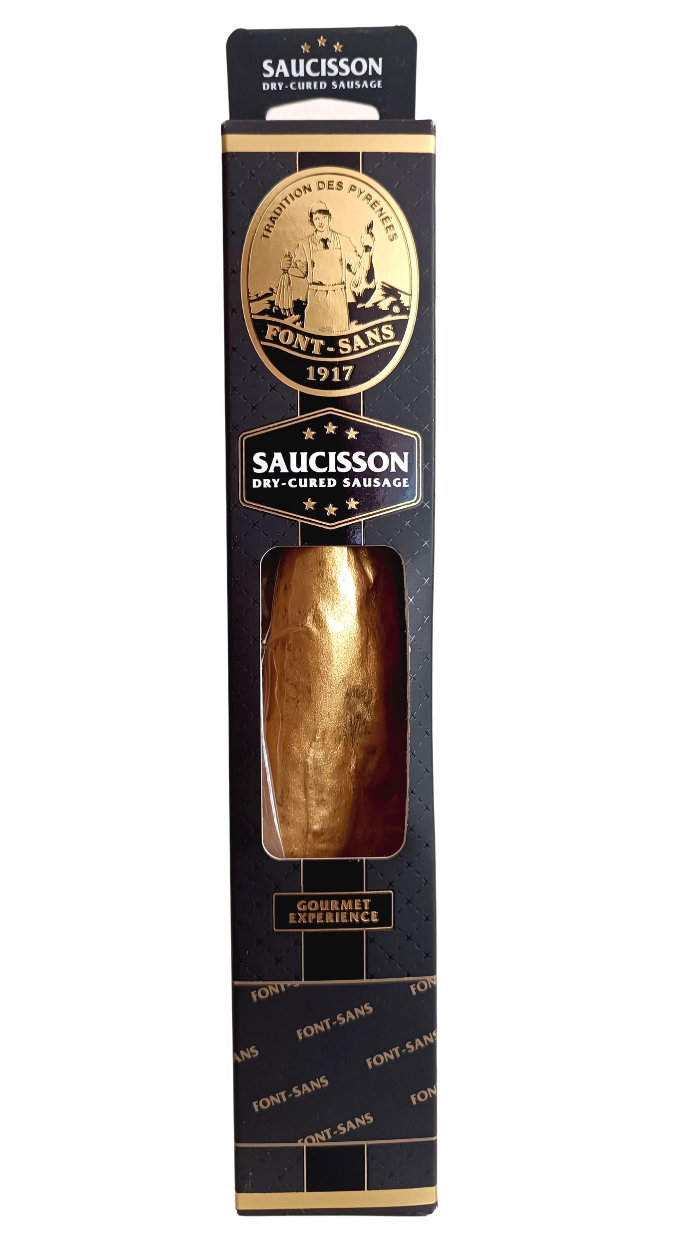 Saucisson Royal Gold foie gras IGP Périgord le seul saucisson au monde à l\'OR 24 carats - Font Sans