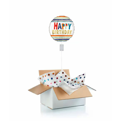 Ballon d'anniversaire "surprise" gonflé à l'hélium : happy birthday bleu et gris