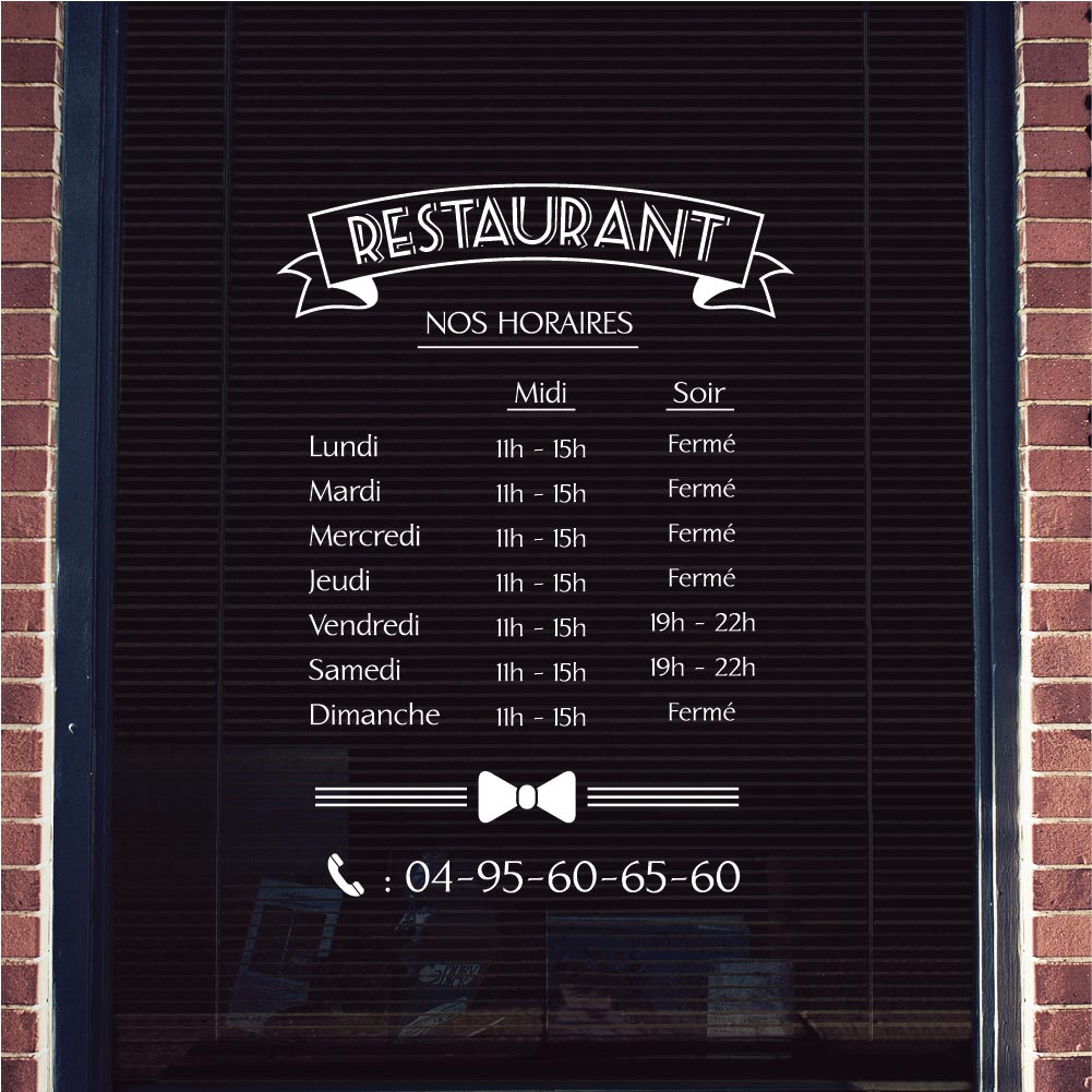 stickers-horaires-restaurant-personnalisés-ref1horaireboutique-autocollant-horaire-porte-sticker-vitrine-café-magasin-boutique-personnalisable