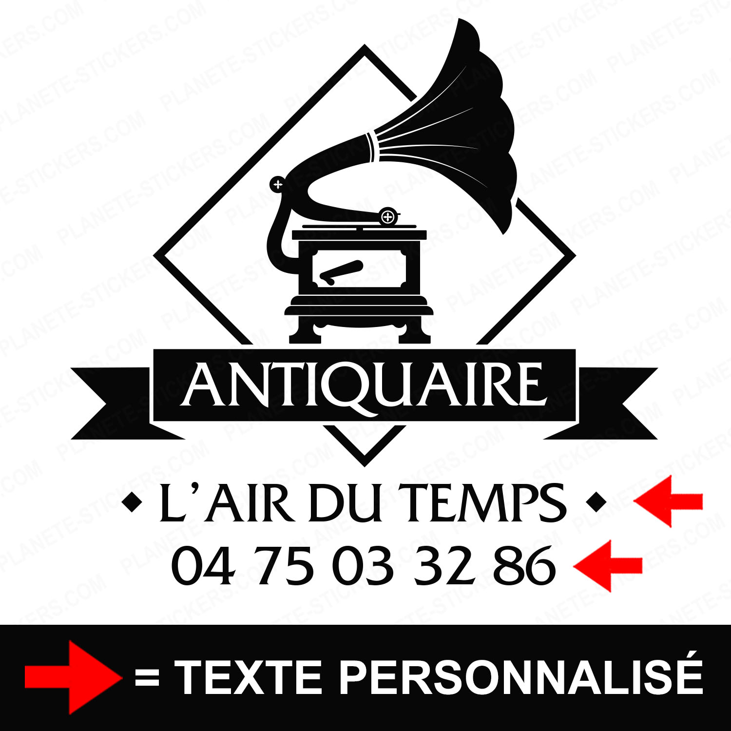 ref1antiquairevitrine-stickers-antiquaire-vitrine-sticker-personnalisé-autocollant-antiquité-vitrophanie-vitre-professionnel-logo-gramophone-tourne-disque-2