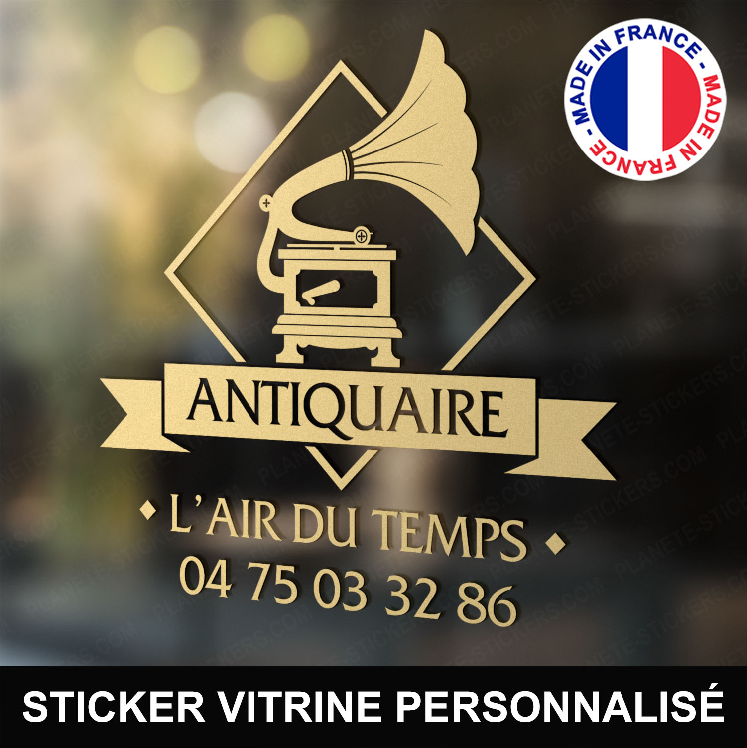 ref1antiquairevitrine-stickers-antiquaire-vitrine-sticker-personnalisé-autocollant-antiquité-vitrophanie-vitre-professionnel-logo-gramophone-tourne-disque