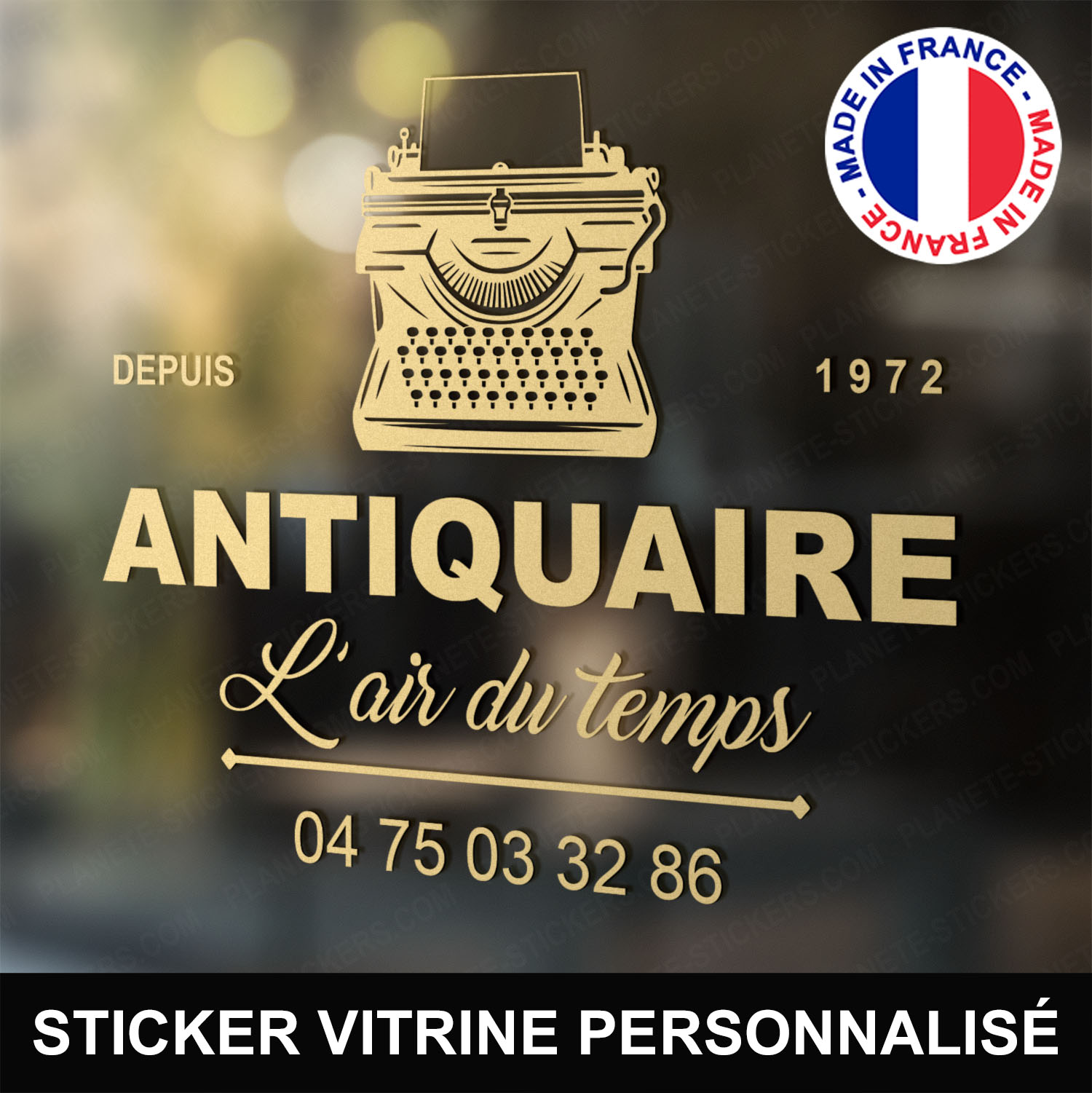 ref6antiquairevitrine-stickers-antiquaire-vitrine-sticker-personnalisé-autocollant-antiquité-vitrophanie-vitre-professionnel-logo-machine-à-écrire