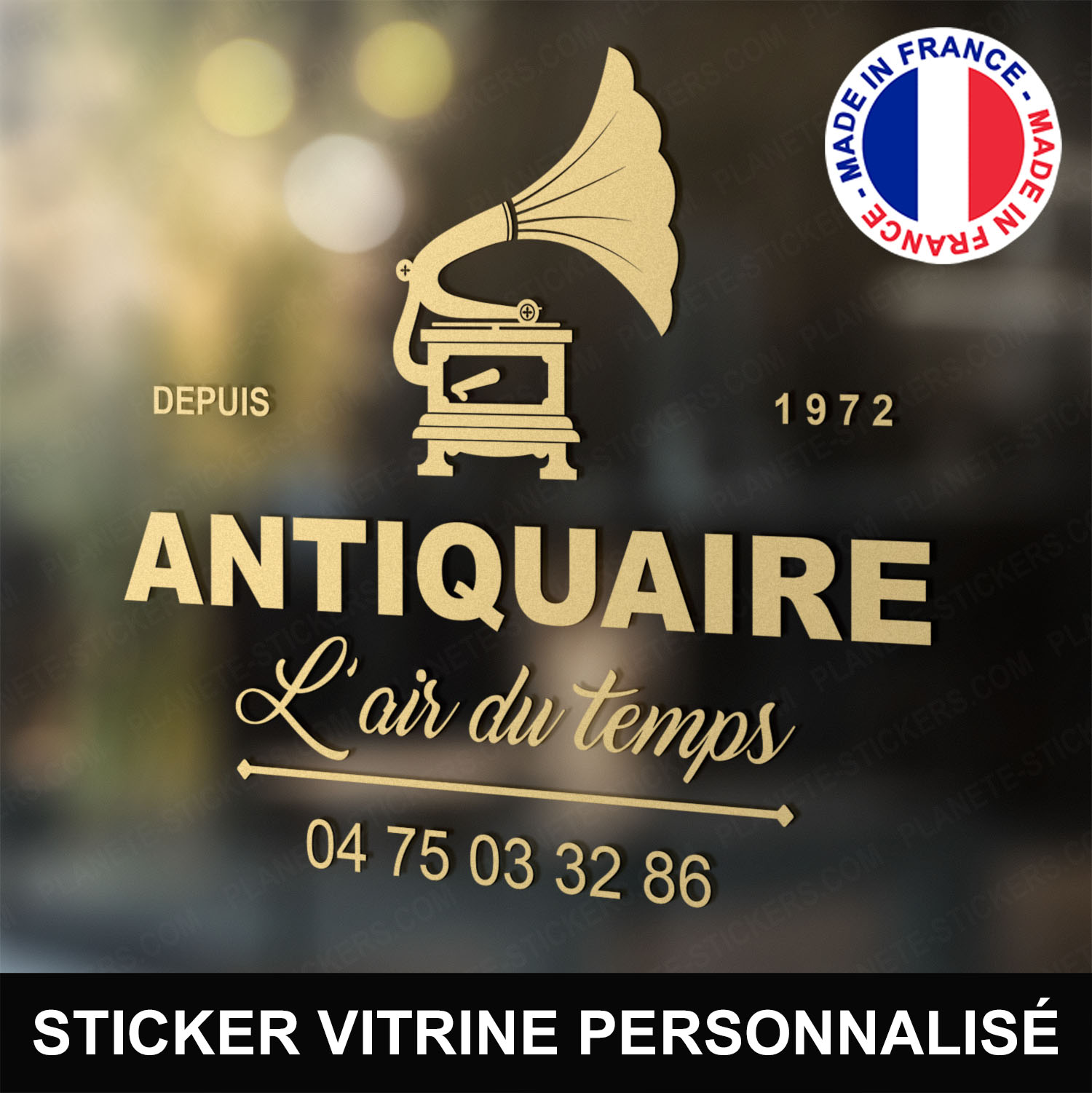 ref7antiquairevitrine-stickers-antiquaire-vitrine-sticker-personnalisé-autocollant-antiquité-vitrophanie-vitre-professionnel-logo-gramophone-tourne-disque