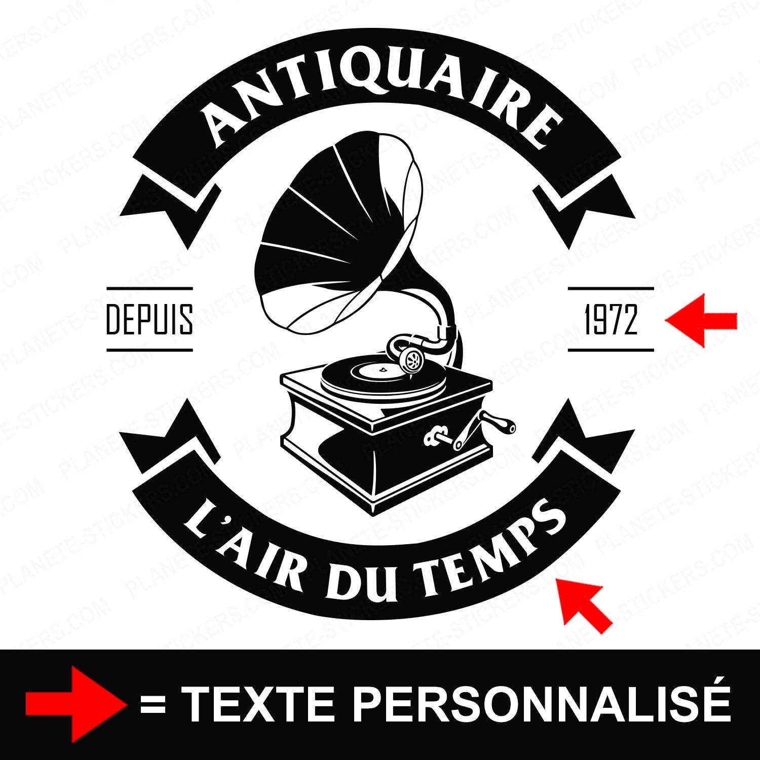 ref10antiquairevitrine-stickers-antiquaire-vitrine-sticker-personnalisé-autocollant-antiquité-vitrophanie-vitre-professionnel-logo-gramophone-tourne-disque-2
