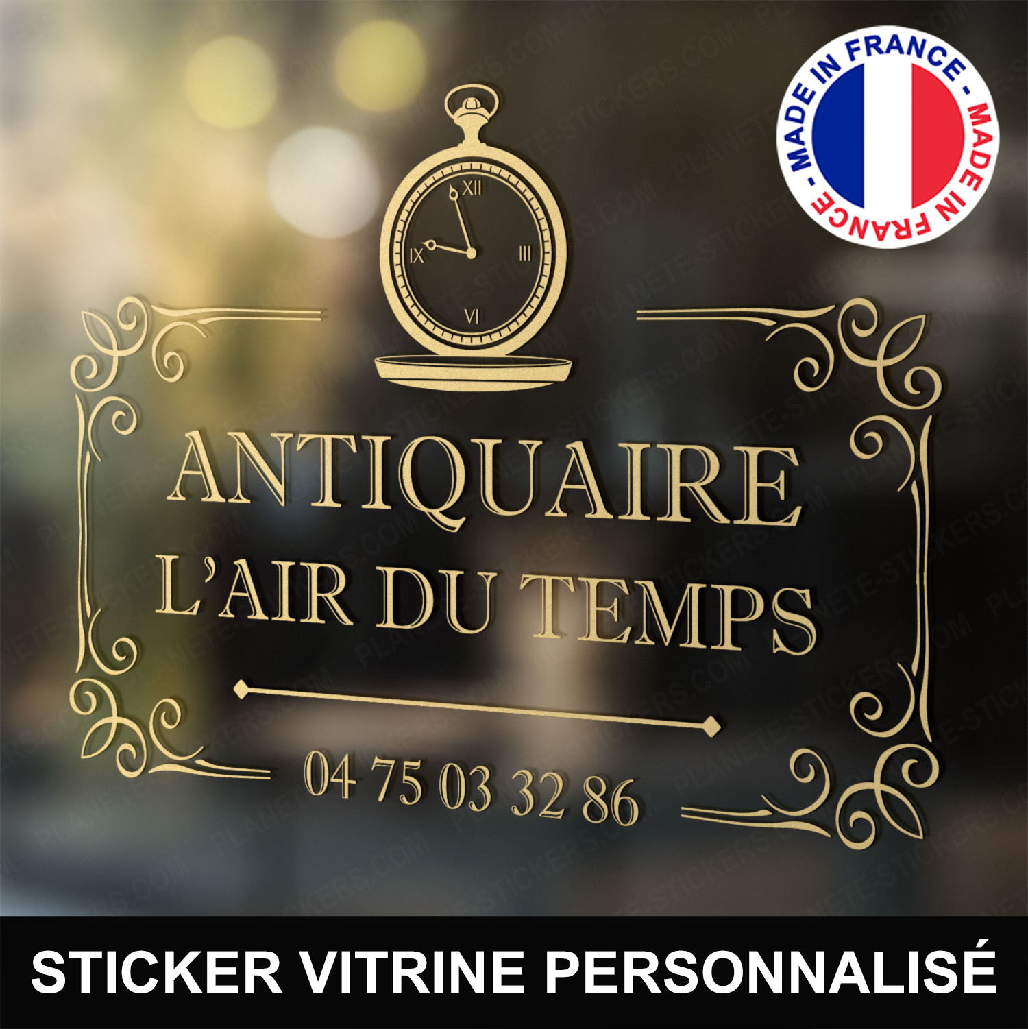 ref12antiquairevitrine-stickers-antiquaire-vitrine-sticker-personnalisé-autocollant-antiquité-vitrophanie-professionnel-logo-montre-à-gousset-montre-de-poche
