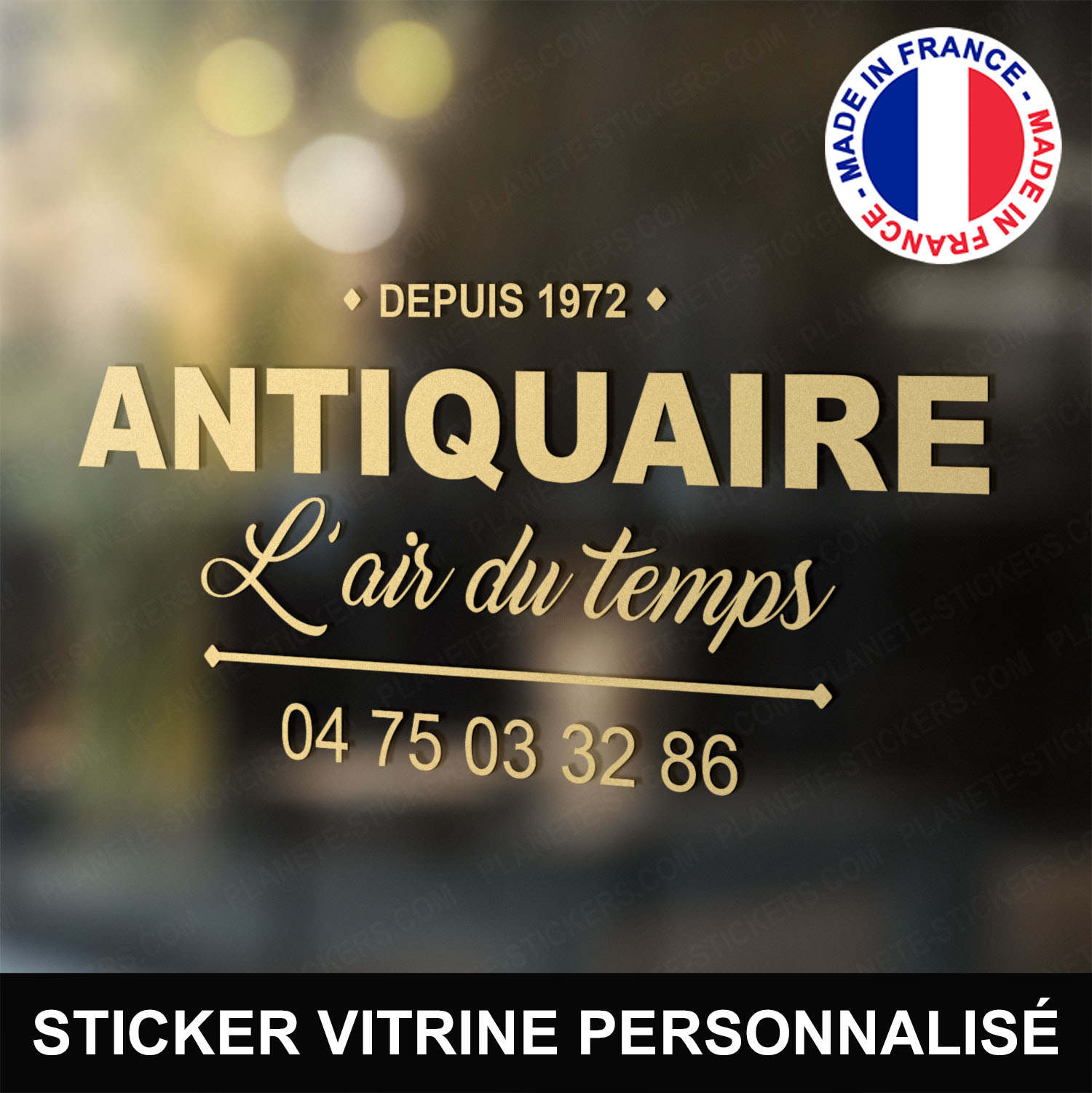 ref13antiquairevitrine-stickers-antiquaire-vitrine-sticker-personnalisé-autocollant-antiquité-vitrophanie-vitre-professionnel-logo-écriture