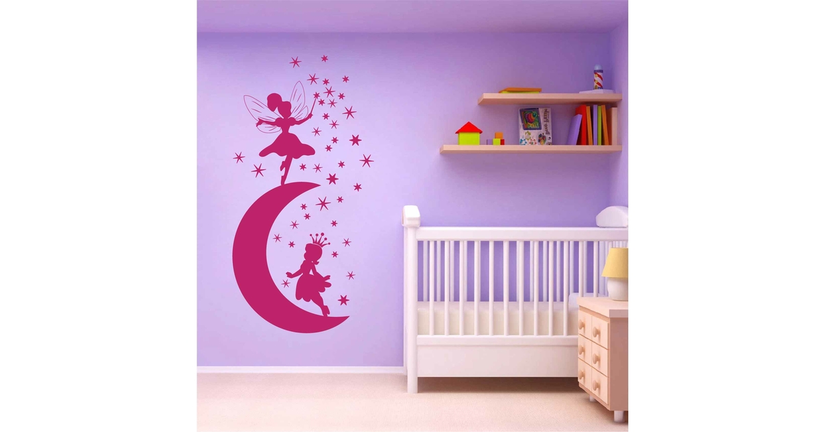 Sticker Mural Fée Et étoiles - 60x41 Cm, Rose, Autocollant Déco Pour Chambre D'enfant - Pose Facile, Retirable Sans Trace