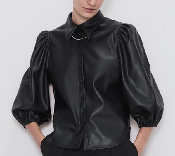 Fandy-Lokar-Faux-Leather-Turn-Down-Collar-Blouses-Women-Fashion-Fluffy-Sleeve-Shirts-Women-Elegant-Buttons