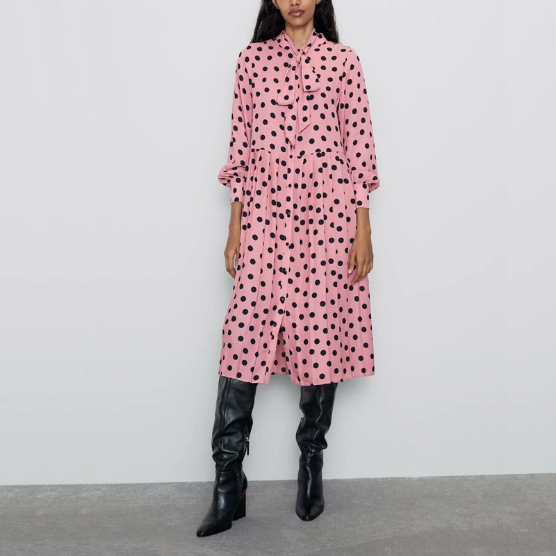 Autumn-women-dress-holiday-loose-and-long-sleeve-dress-casual-dot-print-bow-decoration-dress-Vestidos