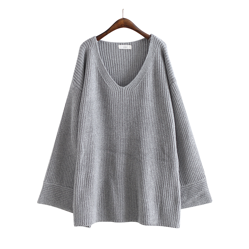 EWQ-New-Autumn-2018-Fashion-grey-simple-sexy-V-Neck-long-flare-sleeve-big-size