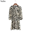 Vadim-femmes-chic-V-cou-motif-L-opard-robes-lastique-taille-trois-quarts-manches-pliss-e