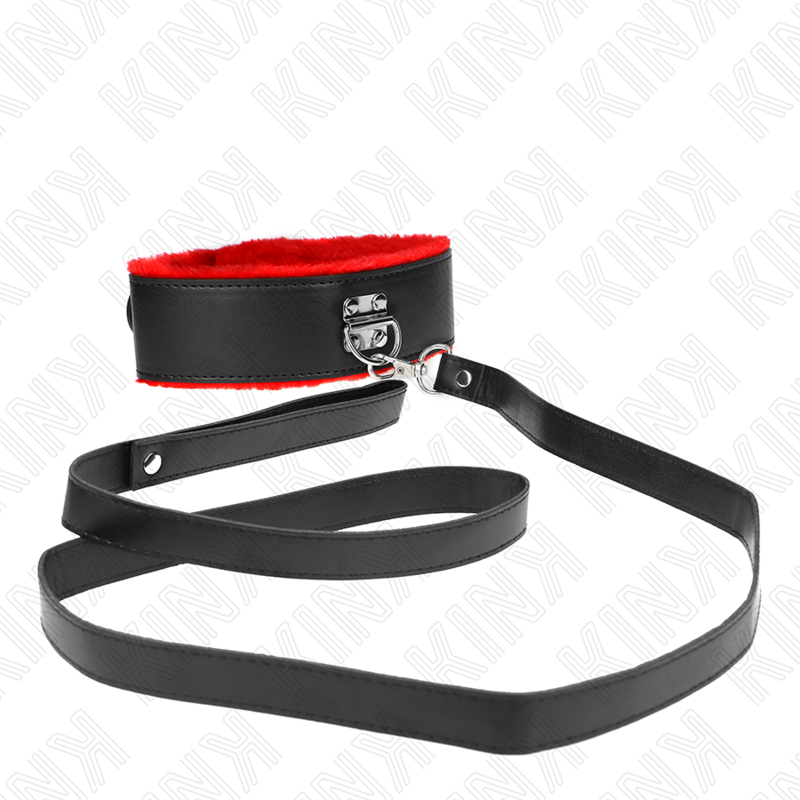 Collier cuir fourrure rouge et laisse.2