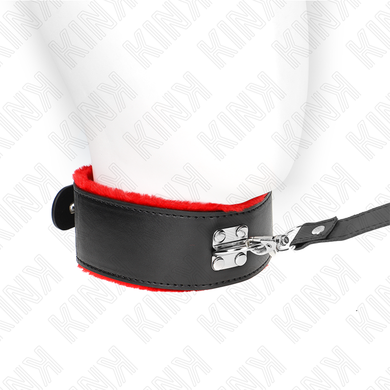 Collier cuir fourrure rouge et laisse.3