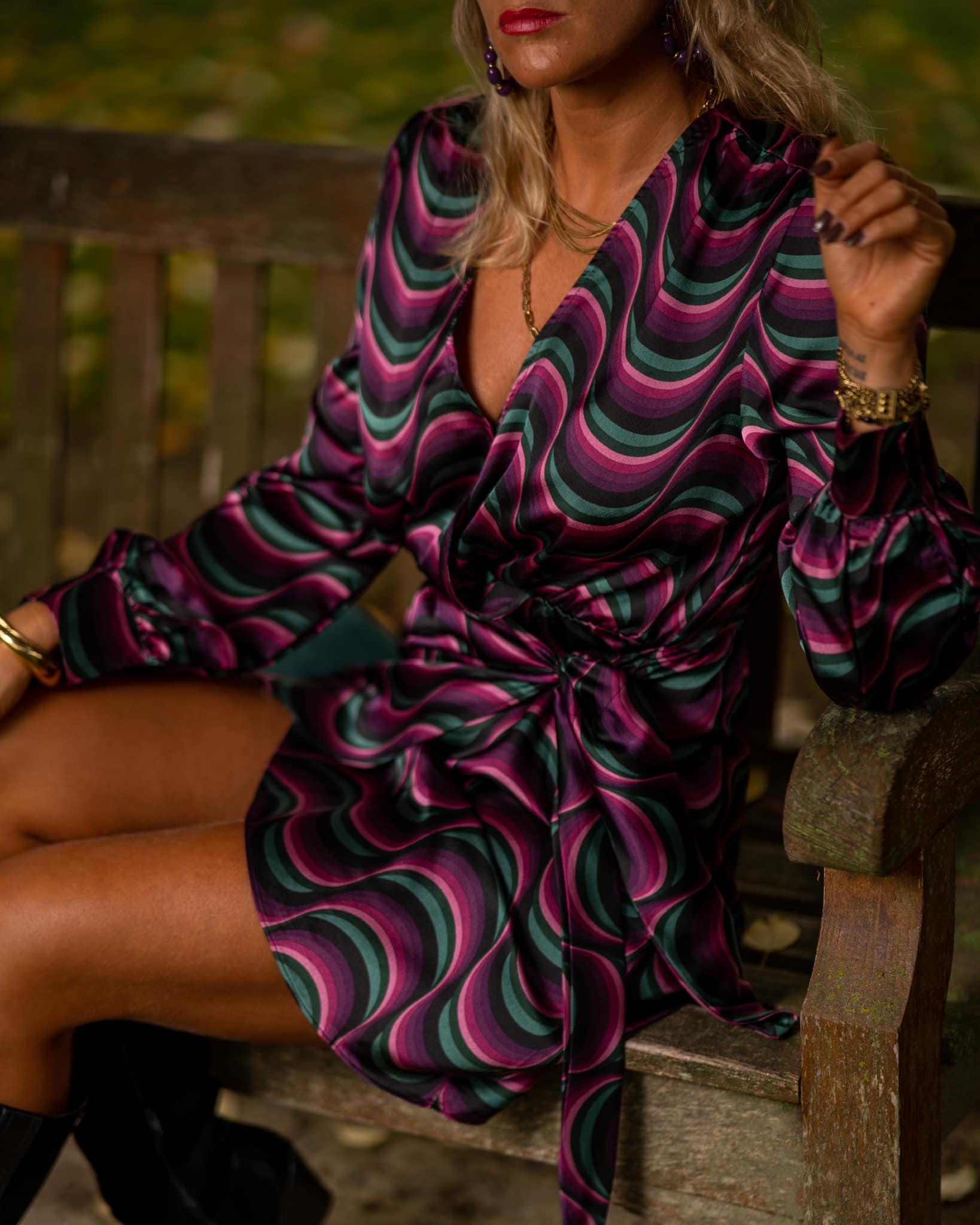 Allyssa-Robe portefeuille violette & verte à motifs