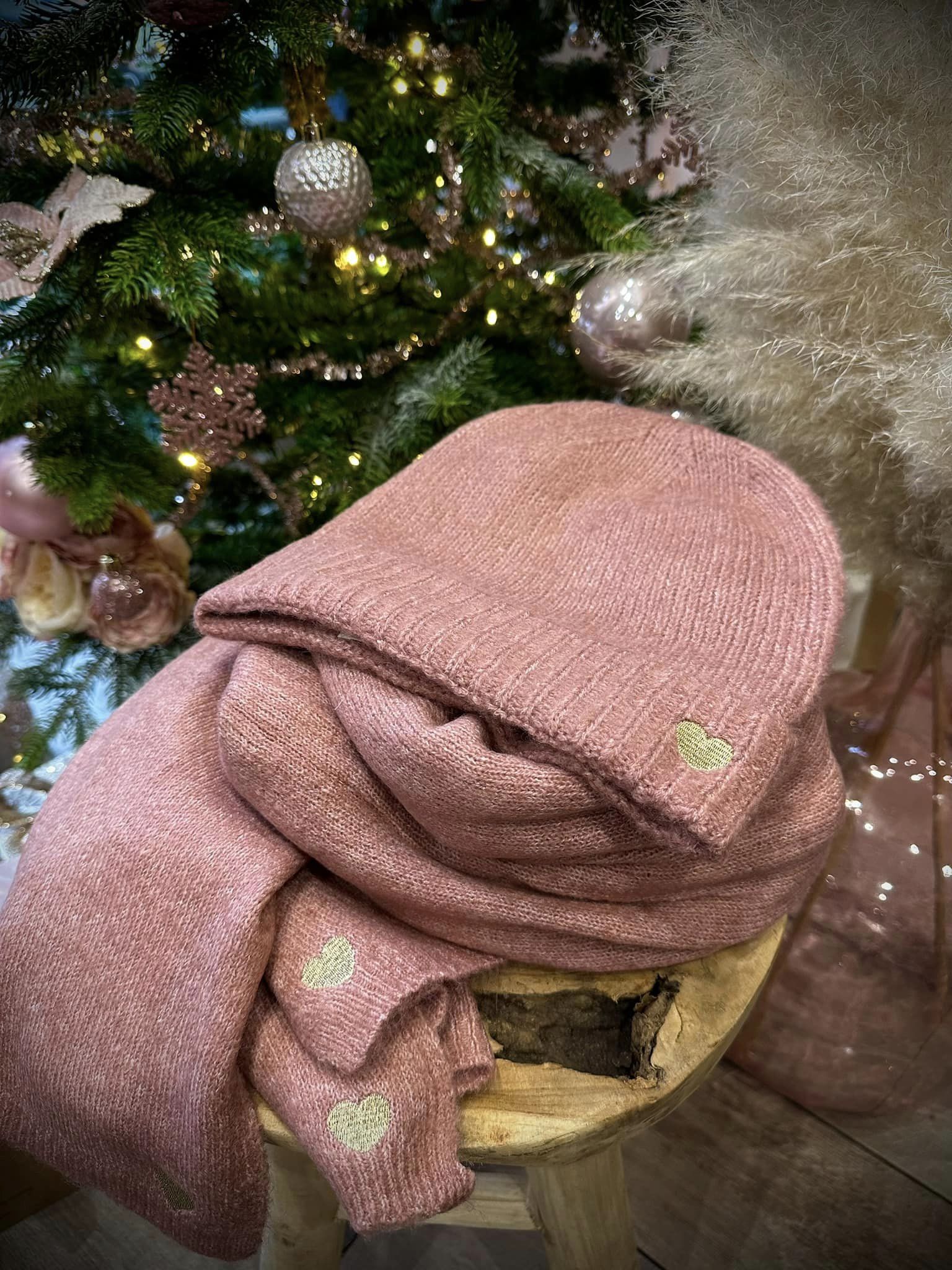 Flocon vieux rose-Echarpe bonnet coeur brodé