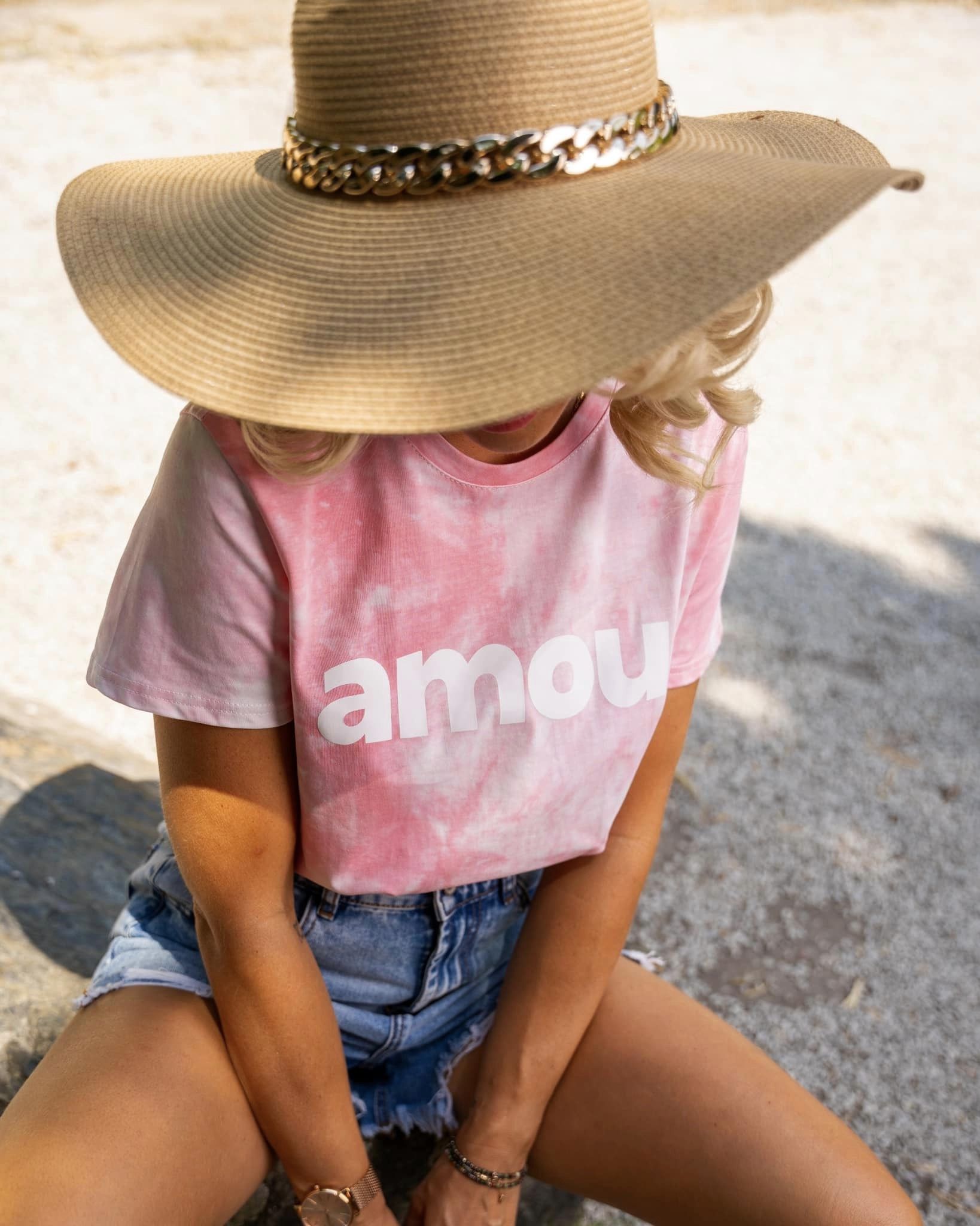 Tee-shirt AMOUR rose & blanc tie and dye