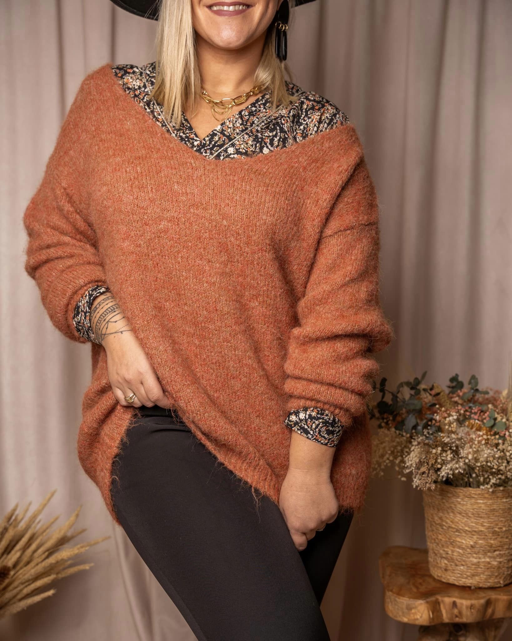 Sarah-Pull en laine rouille chiné