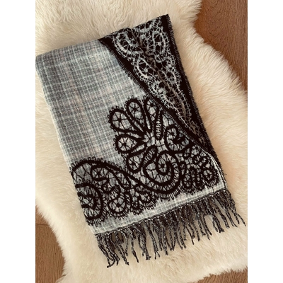 Sam-Grande écharpe en laine grise & noire imprimée
