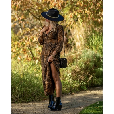 Eréne-Robe longue noire & camel imprimée