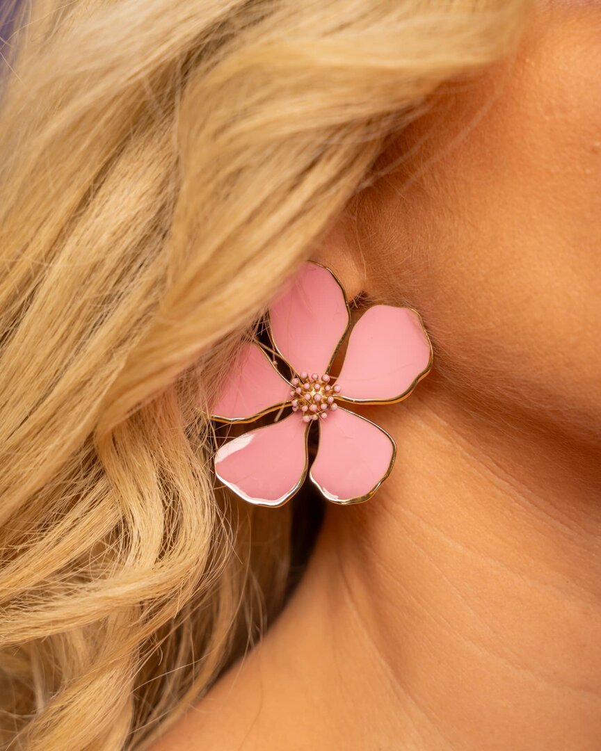 Boucles D'Oreilles Pendantes Acétate Celluloïd Fleur Rose & Doré - Neuf Avec Étiquettes
