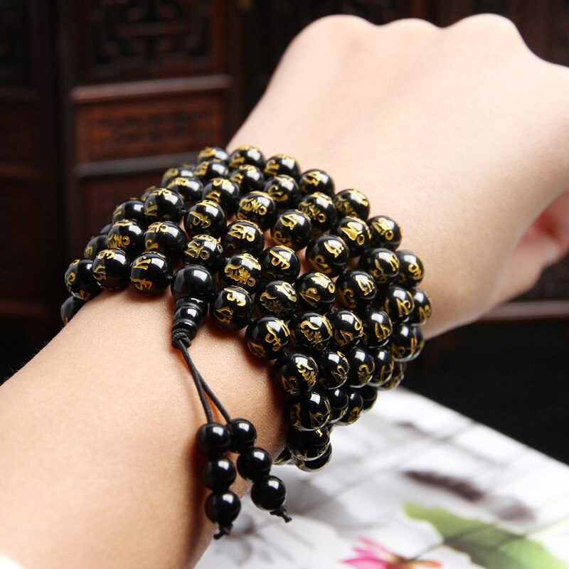 Obsidienne-naturelle-Six-mots-bronzant-108-perles-Bracelet-bijoux-de-mode-avec-de-nombreuses-couches-Bracelets