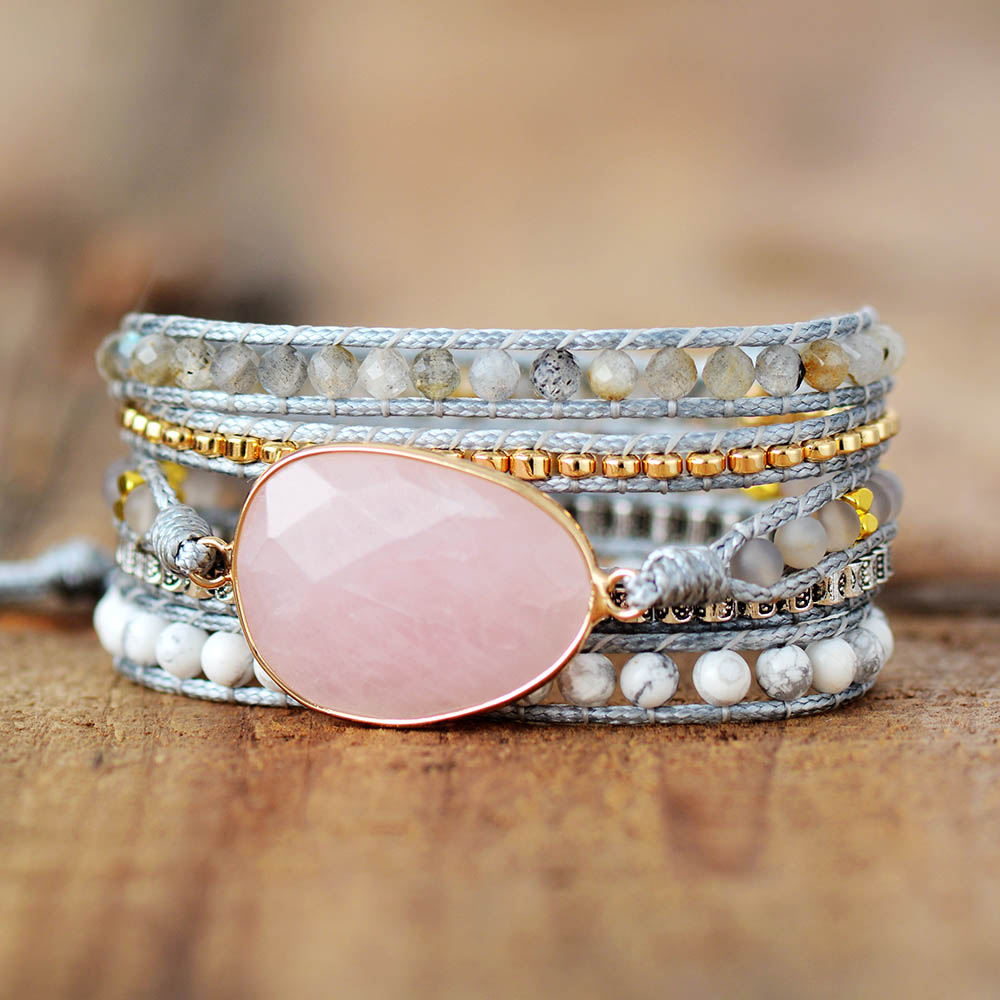 Bracelet bohème «Śheṣha» Esprit libre – en Quartz rose, Labradorite et Howlite