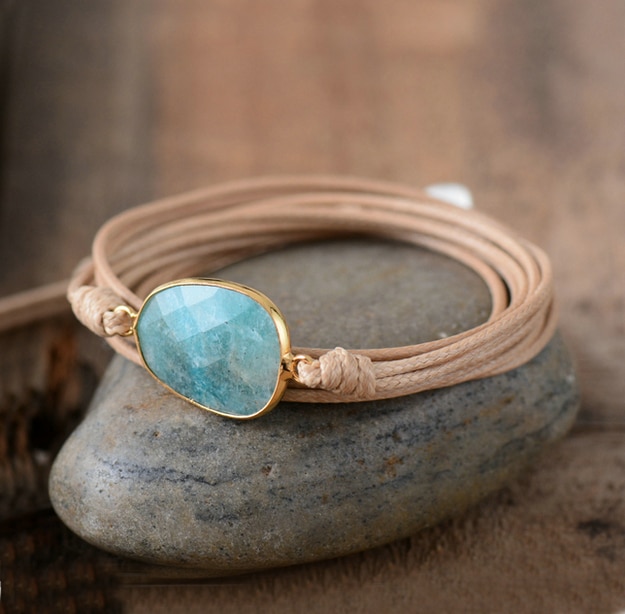 Bracelet bohème «Śauca» Esprit pur en Cuir ciré et Amazonite