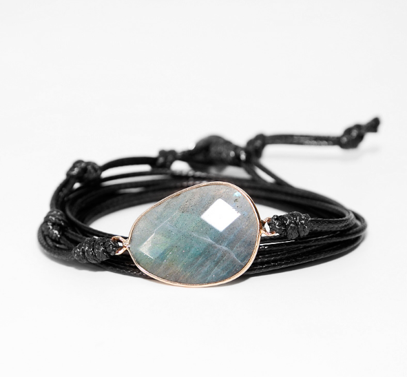 Bracelet bohème « Bḥāgavad » Esprit protecteur – en Cuir ciré et Labradorite-10