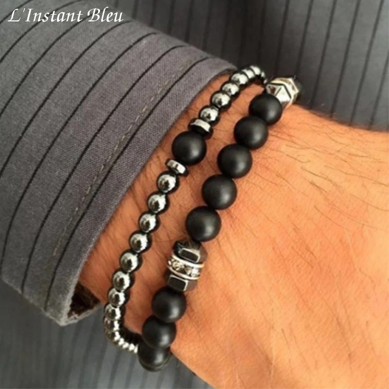 Bracelets « Raksḥastāl » Esprit bohème en Hématite et Obsidienne noire