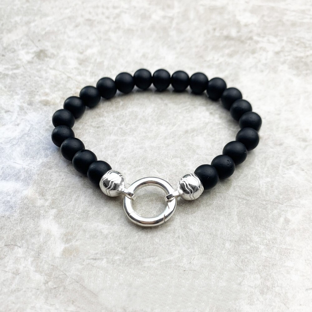 Bracelet « Bangalore » en Obsidienne noire, fermoir Argent sterling