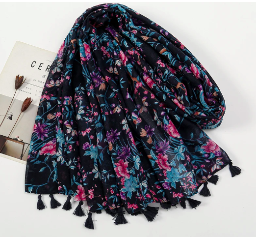 Echarpe Kérala Floral Bleu-Noir-Rose -2