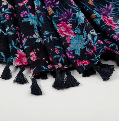 Echarpe Kérala Floral Bleu-Noir-Rose -5