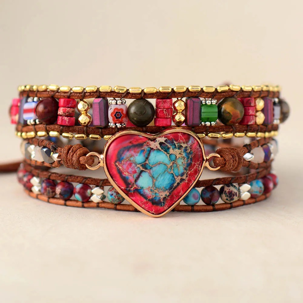 Bracelet bohème «Mānasa» Esprit libre en Cuir et Coeur de Jaspe rose et bleu-1
