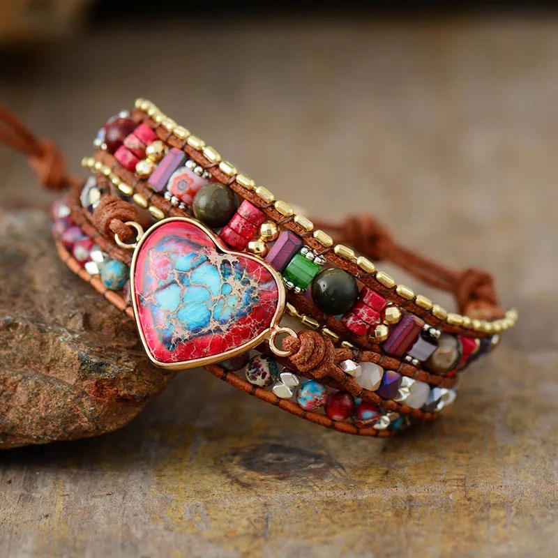 Bracelet bohème «Mānasa» Esprit libre en Cuir et Coeur de Jaspe rose et bleu-2