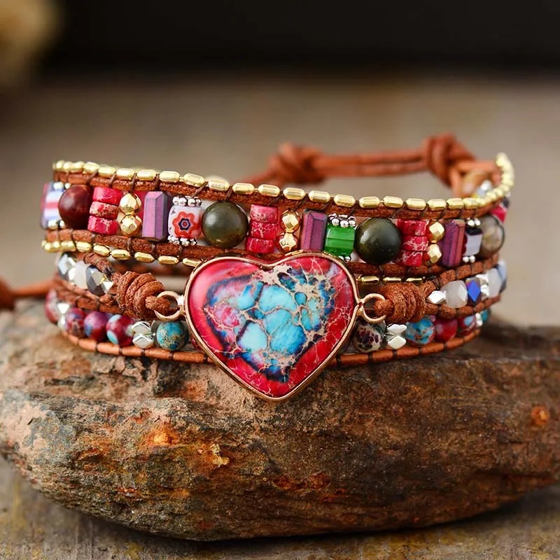 Bracelet bohème «Mānasa» Esprit libre en Cuir et Coeur de Jaspe rose et bleu-3